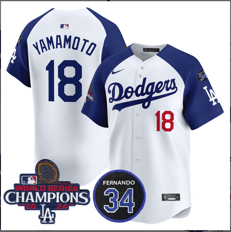 Men MLB Los Angeles Dodgers 18 Yamamoto white 2024 World Series Champions Patch Limited Jersey style 2